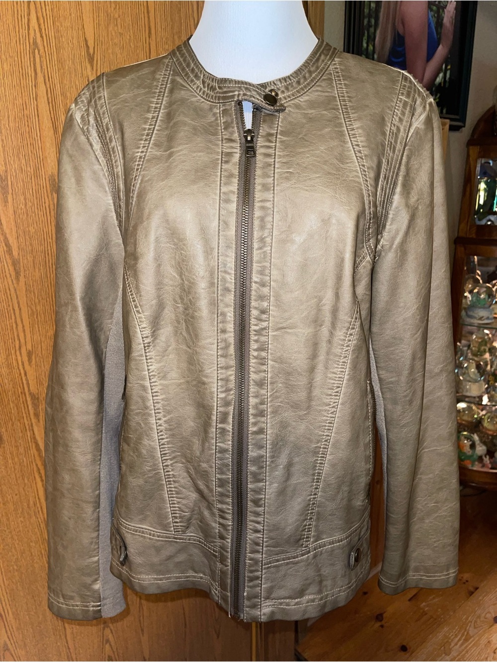 Sebby Collection Women’s Taupe Faux Leather Zip-Front Jacket